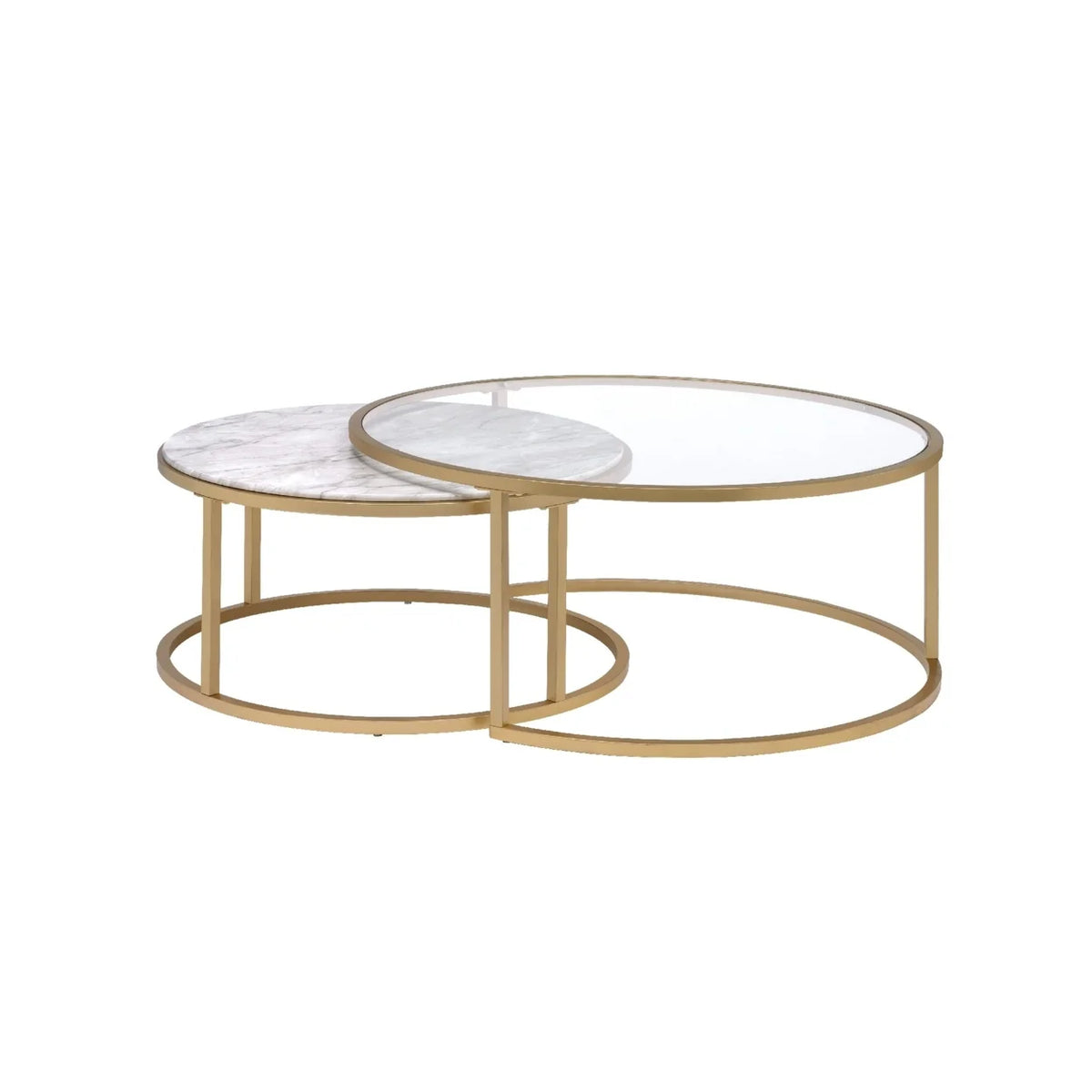 Metal Framed Nesting Coffee Tables with Glass and Marble Tops Set of Two Gold P406