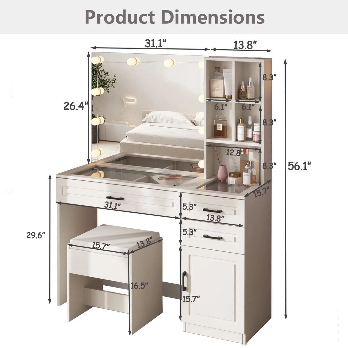 White 45in Vanity Desk Set with Lighted Mirror and Glass Desktop J50038