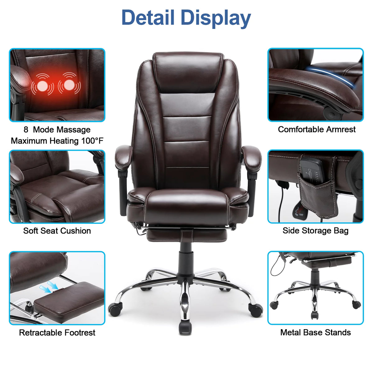 Brown PU Leather Ergonomic High Back Office Chair with Footrest K7665