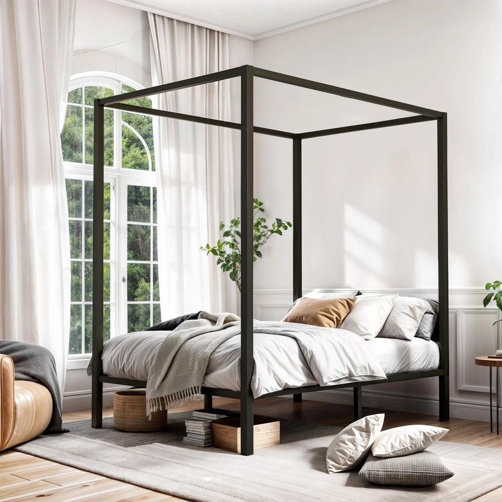 Queen Size Black Metal Canopy Bed Frame P989
