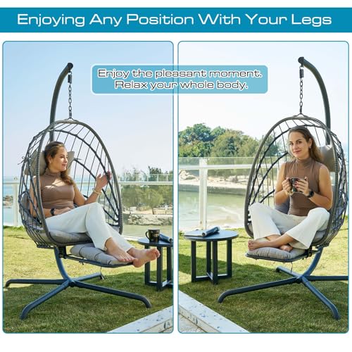 Hanging Egg Chair with Stand and Leg Rest Rattan Wicker Swing Hammock Chair D77486