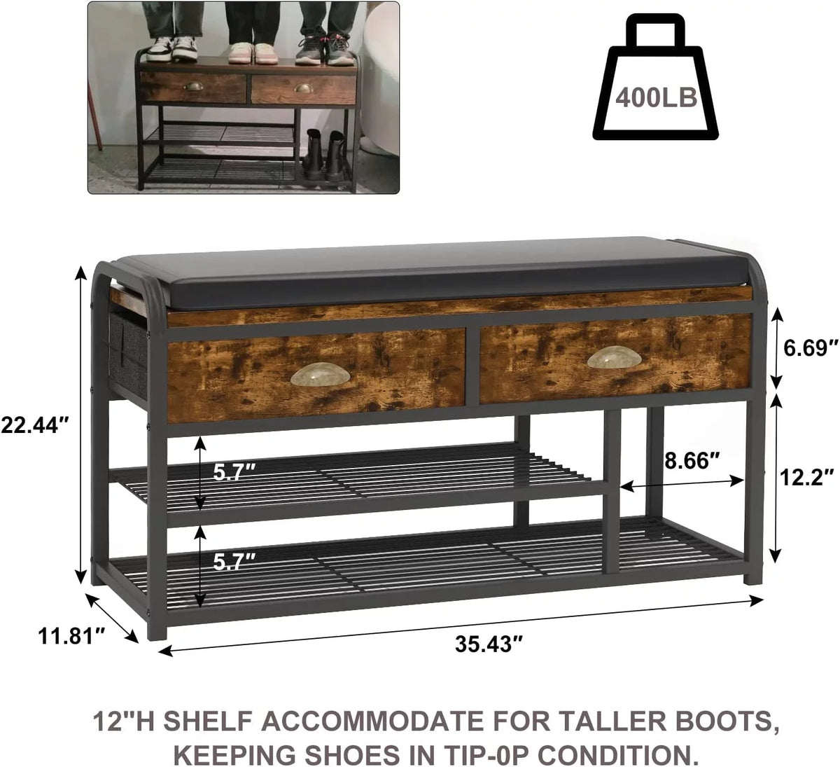 3 Tier Shoe Storage Bench with Padded Seating & Drawers C448640