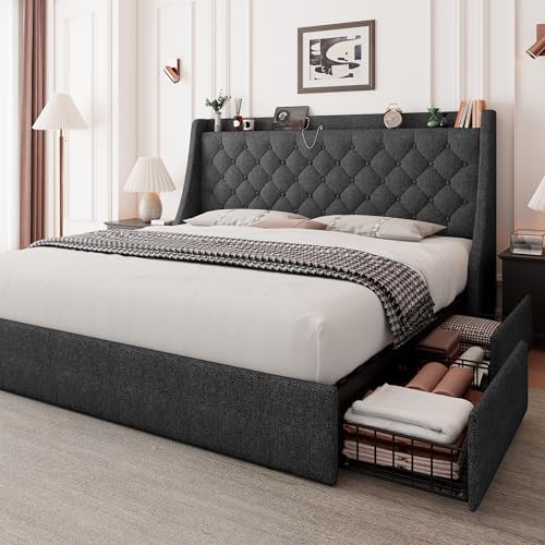 Light Grey Upholstered Full Size Bed Frame with 4 Storage Drawers R1073