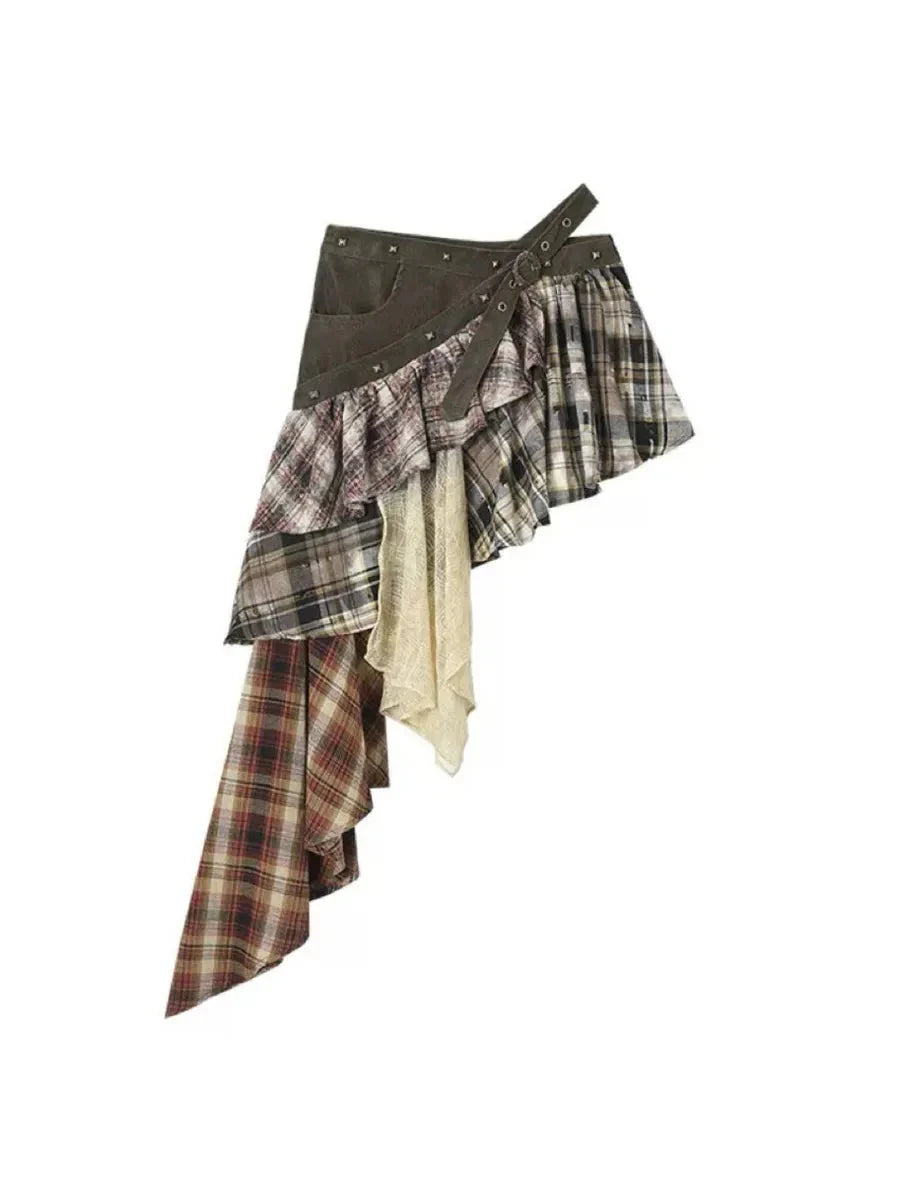 Irregular Plaid Ruffle Skirt L58664