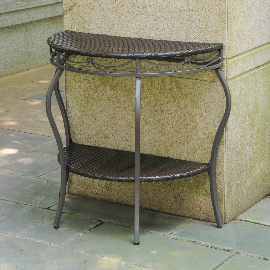 Chocolate Resin Wicker Steel Two Tier Half Moon Wall Table F552504