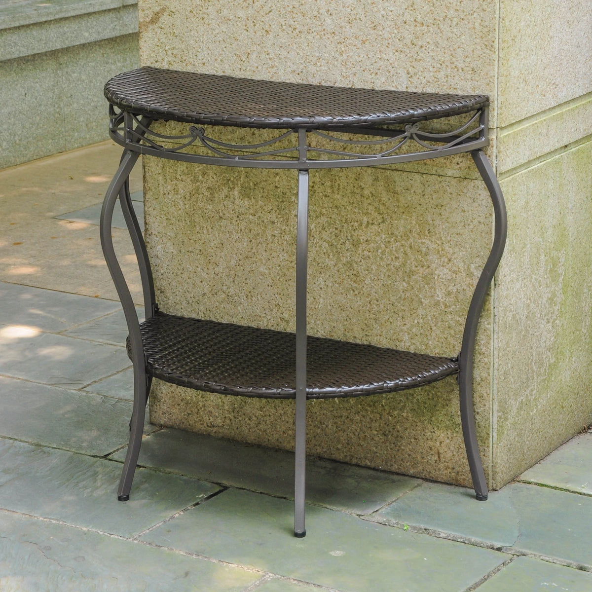 Chocolate Resin Wicker Steel Two Tier Half Moon Wall Table F552504